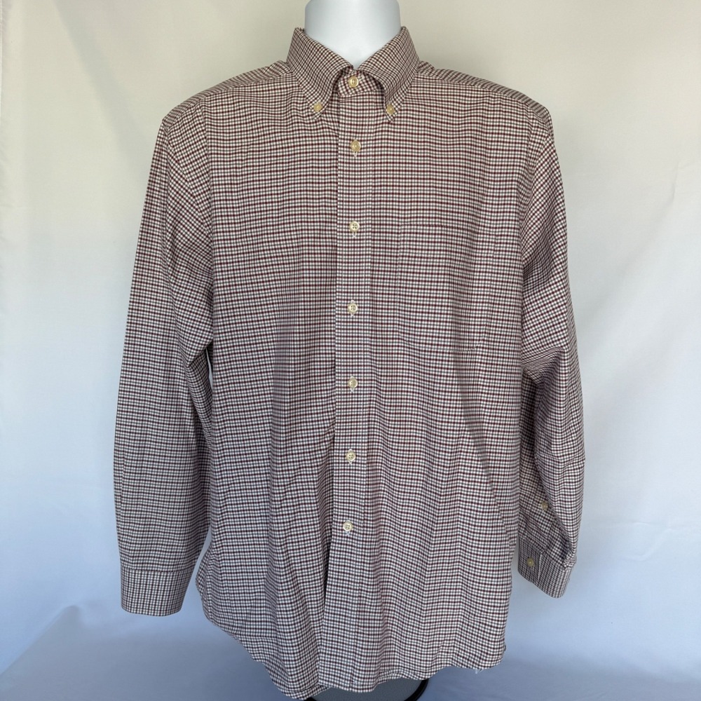 LL Bean Mens 15.5 33 Button Down Shirt Burgundy White Check Cotton Long Slv